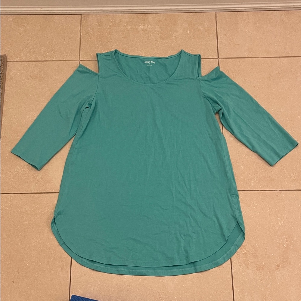 Lands End Teal Cold Shoulder Three  Quarter Sleeve Top Round Hem Scoop size S